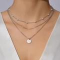 Three-layer silver layered necklace featuring white imitation pearls and a round disc pendant - 3-Layer Artificial Pearl Disc Style / Silver