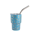 Sky blue 3oz stainless steel mini tumbler with rose gold leopard print and straw - Dark Blue Leopard Print