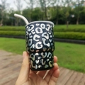 3oz portable stainless steel mini tumbler with silver leopard print and white straw - Black [Leopard Print] / 3oz