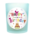 Light blue frosted glass candle holder with colorful Happy Birthday sticker design - Frosted Sky Blue - Blue Bell
