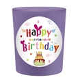 Purple frosted glass birthday candle holder featuring a colorful Happy Birthday design - Taro Purple - French Juniper & Lavender