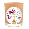 Matte orange glass scented candle jar with a colorful Happy Birthday label and cake design - Jade White - Carefree Freesia