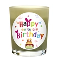 Light green frosted glass Happy Birthday scented candle with cake illustration on white back - Twilight Green - Meditation Lavender