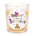 Frosted glass scented candle in orange with Happy Birthday label for kids parties - Frosted White - Yellow Wax - Vanilla Pudding