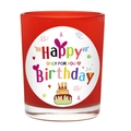 Frosted red glass birthday candle holder with colorful Happy Birthday label and cake motifs - Vermilion Red - Velvet Rose