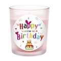 Pink scented birthday candle in frosted glass jar with colorful festive label and artwork - Frosted White - Pink Wax - Velvet Rose