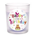 Purple Happy Birthday scented candle in a frosted glass jar with colorful party label - Frosted White - Purple Wax - Meditation Lavender