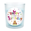 Blue matte glass scented candle with Happy Birthday sticker and colorful cake design - Frosted White - Sky Blue Wax - Gulf of Alaska