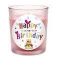Pink frosted glass scented candle with Happy Birthday label for party favors - Frosted White - Red Wax - Grand Banquet