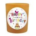 Orange frosted glass candle jar with Happy Birthday label and colorful celebration motifs - Osmanthus Yellow - Osmanthus Rain