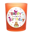 Orange frosted glass birthday candle holder with Happy Birthday label and colorful patterns - Star Universe Orange - Sparkling Orange Blossom
