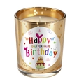 Golden glass jar candle with Happy Birthday label and white wax for gift - Sun Gold - Blue Bell