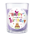 Purple scented glass candle with Happy Birthday sticker and colorful cake design - Clear Cup - Purple Wax - Meditation Lavender