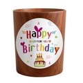 Cylindrical wood texture glass candle holder with rainbow Happy Birthday label decoration - Wood Grain Effect - Smooth Chocolate Mocha
