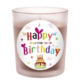Frosted glass scented candle with brown wax and colorful Happy Birthday label - Frosted White - Coffee Wax - Smooth Chocolate Mocha