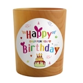 Wooden cylindrical candle holder with colorful Happy Birthday sticker and cake design - Yellow Wood Grain - Mon Paris