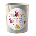 White ceramic birthday mug featuring gold marble texture and colorful Happy Birthday art - Touch of Gold - Jasmine