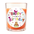 Orange scented candle in a glass jar with a colorful Happy Birthday sticker - Clear Cup - Orange Wax - Orange Dreams