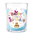 Sky blue Happy Birthday scented candle in a glass jar with colorful cake illustrations - Clear Cup - Sky Blue Wax - Gulf of Alaska