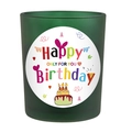 Deep green frosted glass birthday candle holder with festive Happy Birthday label - Forest Green - Goji & Tarocco Blood Orange