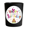 Matte black ceramic Happy Birthday candle holder with a colorful artistic label - Frosted Black - Santiago Huckleberry