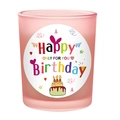 Pink frosted glass candle jar with colorful Happy Birthday label and cake design - Frosted Pink - English Pear & Freesia