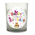 Scented birthday candle in clear glass jar with colorful Happy Birthday label and cake design - Transparent Grey - Pandora Lychee