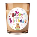 Brown glass jar birthday candle with Happy Birthday label and white wax fill - Light Amber - Baltic Amber