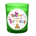 Green frosted glass birthday candle holder with colorful Happy Birthday label - Transparent Green - White Jasmine & Mint