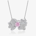 Collar de lazo plateado con gema cuadrada rosa y detalles de circonita cúbica - Plata 925 / Collar de Circonita Rosa