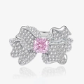 Bow-knot silver ring with square pink center stone and pavé-set clear accents - US 7 / Pink