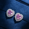 Funkelnde rosa herzförmige Kristall-Ohrstecker mit Doppel-Halo-Zirkon in Silberfassung - 925er Silber / Rosa Ohrstecker