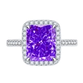 Elegant 925 sterling silver ring featuring a radiant cut purple gemstone with halo diamonds - US 7 / Dark Purple