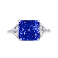 Three-stone 925 silver ring with 10x10mm radiant cut blue sapphire and clear side gems - Sapphire Blue 22#