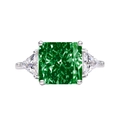 Three-stone ring with emerald cut green stone and triangle side diamonds in silver finish - Emerald Green 11#
