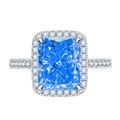 Radiant cut blue gemstone ring in 925 sterling silver with halo diamond setting - Blue