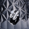 Elegant 925 silver wedding ring set with 6mm round brilliant cut stone and side baguette diamonds - US 6 / Silver (Main Ring And Guard Ring)