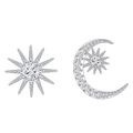Elegant S925 sterling silver sun and moon stud earrings with clear sparkling crystals - 925 Silver / Silver