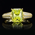 Radiant emerald cut 5.6ct yellow carbon diamond ring with 14k gold plated S925 silver - Apple Green