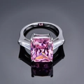 Radiant cut pink carbon diamond ring with side stones in 925 sterling silver setting - US 7 / Rose Red