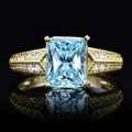 Radiant cut light blue 5.6ct carbon diamond ring in 14k gold plated silver finish - Light Sea Blue
