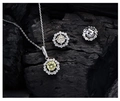 Detailed view of yellow crystal halo necklace and stud earrings set on dark texture - Yellow Rhinestone Jewelry Combination