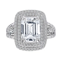 Luxurious emerald cut S925 silver ring with double halo of clear high carbon diamonds - US 6 / Silver
