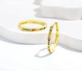 Detailed close-up of S925 sterling silver huggie earrings with colorful rainbow stones - Small / Gold