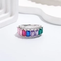Rainbow eternity ring with rectangular multi-color gemstones and paved white diamonds - US 6 / Silver