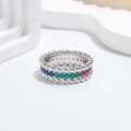 S925 sterling silver beaded ring featuring multi-color cubic zirconia inlay in three layers - US 6 / Silver