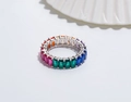 Detailed macro view of S925 silver ring featuring rainbow rectangular cubic zirconia stones - Silver-Large 3*5mm Colorful Stone
