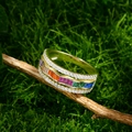 Gold wave ring with rainbow gemstones and pave diamonds on mossy wood background - US 6 / Gold