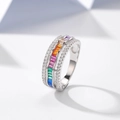 Rainbow gemstone eternity ring in 14k gold finish with wavy pavé diamond edges - US 6 / White Gold