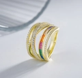 Detailed macro of S925 silver cross ring with rainbow gems and pavé zircons - US 6 / Gold Rainbow Zirconia